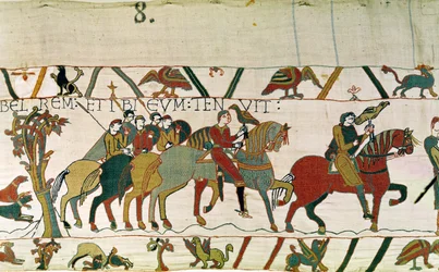 Graf Guy führt Harold nach Beaurain, wo er ihn festhält, Teppich von Bayeux